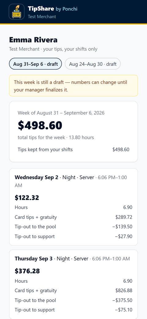 An employee's own tip page on a phone