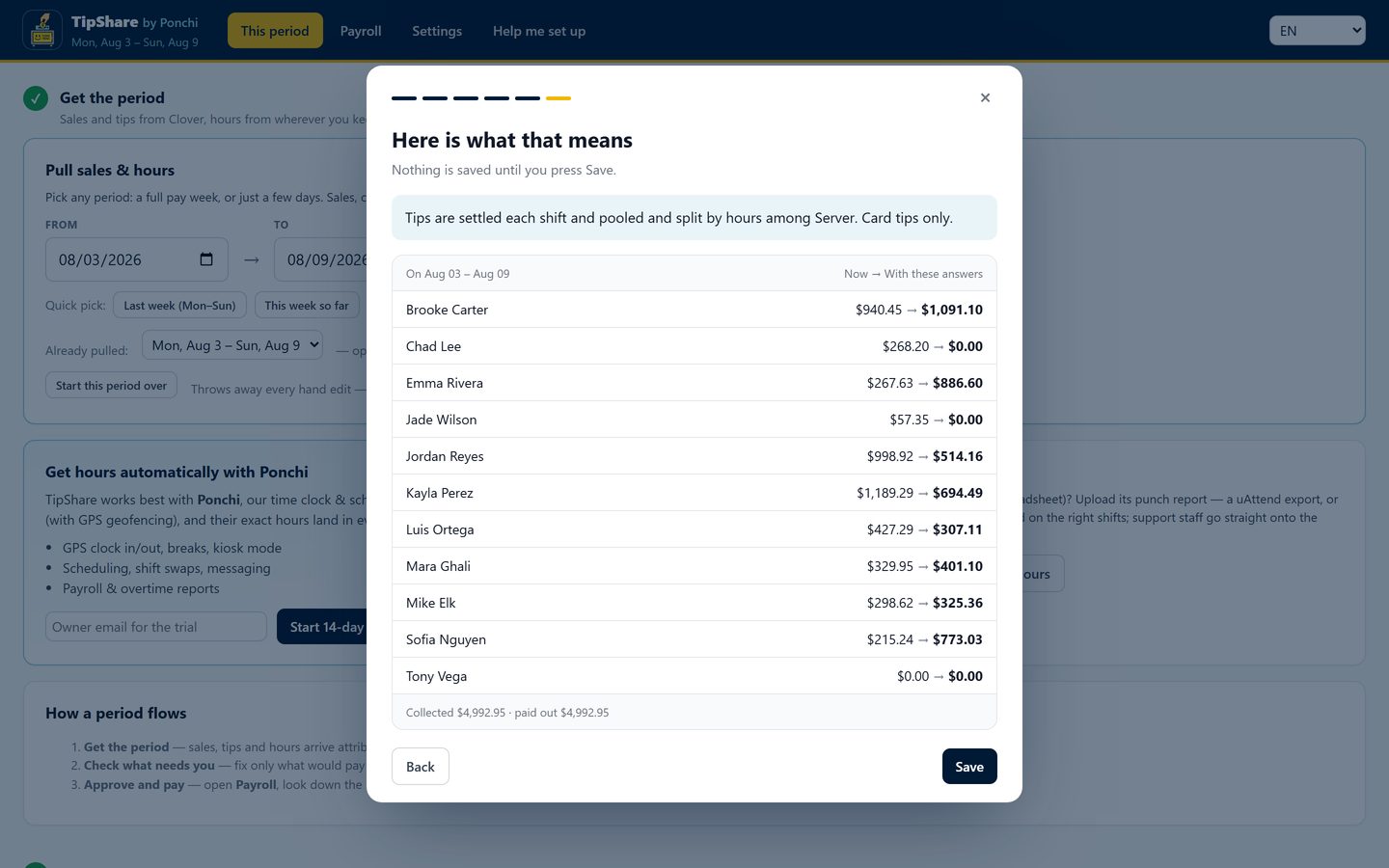 The setup preview: each person's pay now and with these answers