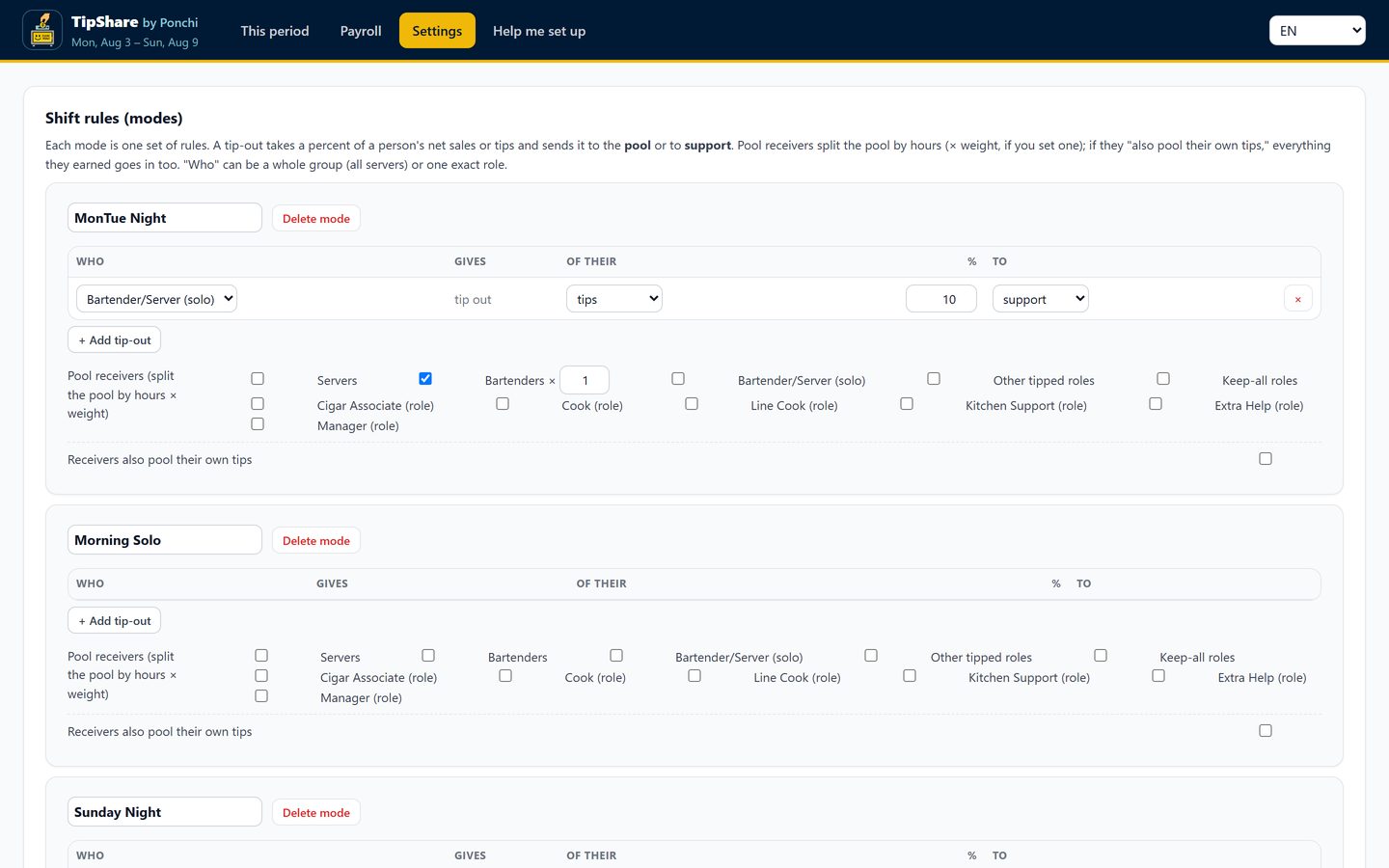 Settings: tip-outs, pool receivers and the weekly schedule