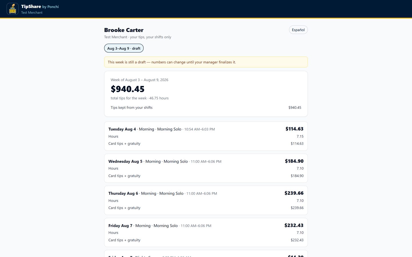An employee's own tip page